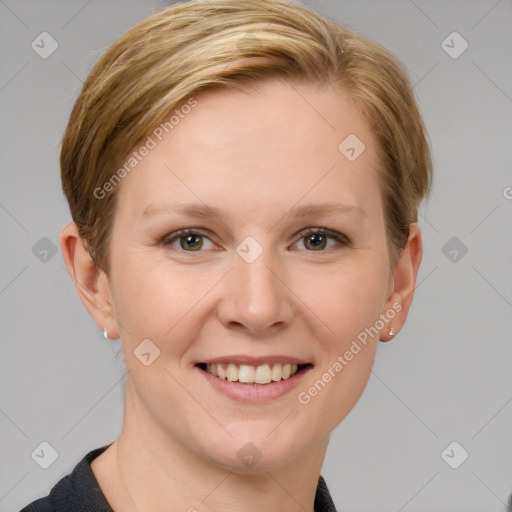 Joyful white young-adult female with short  brown hair and grey eyes