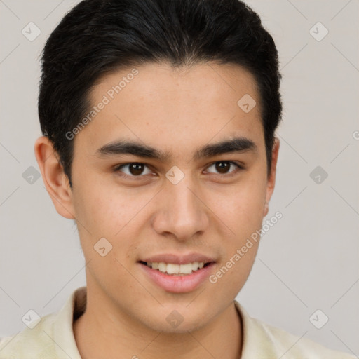 Joyful latino young-adult male with short  brown hair and brown eyes