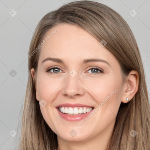 Joyful white young-adult female with long  brown hair and grey eyes