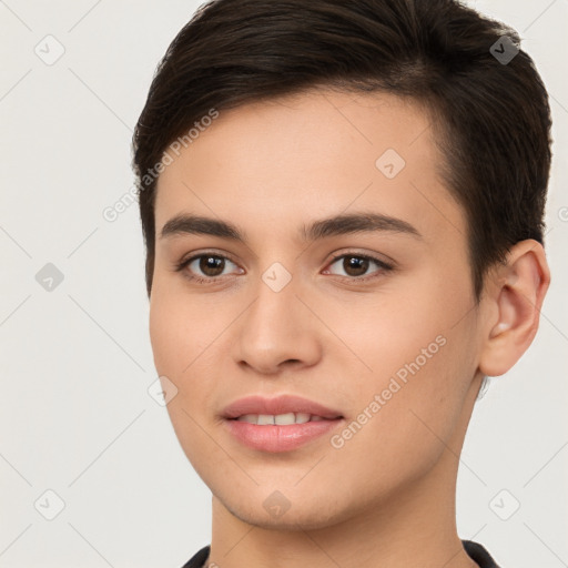 Joyful white young-adult female with short  brown hair and brown eyes