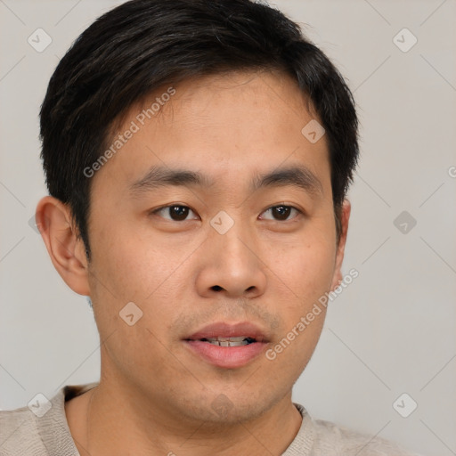 Neutral asian young-adult male with short  brown hair and brown eyes