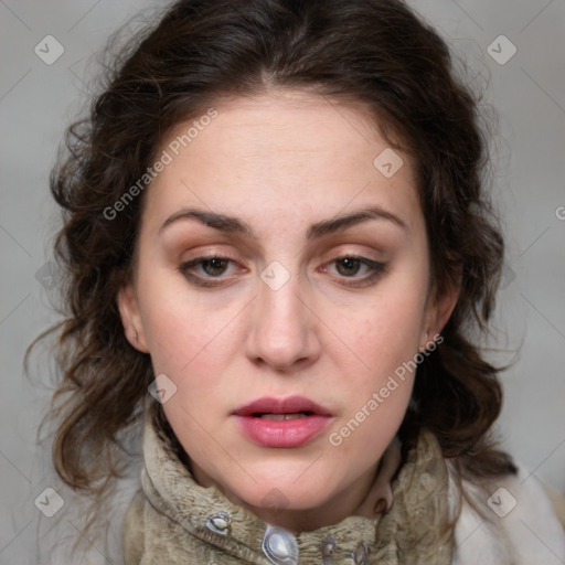 Neutral white young-adult female with medium  brown hair and blue eyes