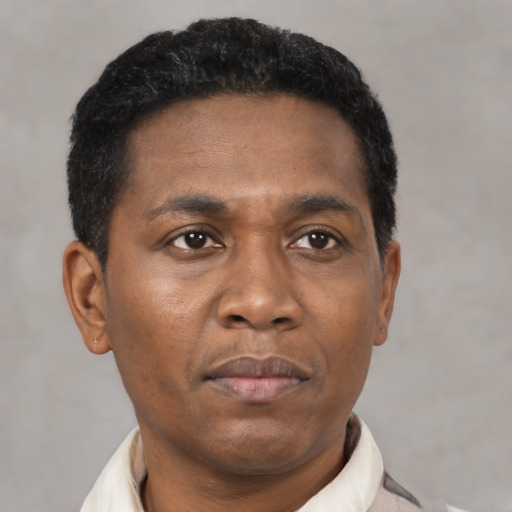 Neutral black adult male with short  black hair and brown eyes