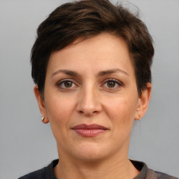 Joyful white adult female with short  brown hair and brown eyes