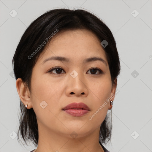 Neutral asian young-adult female with medium  brown hair and brown eyes