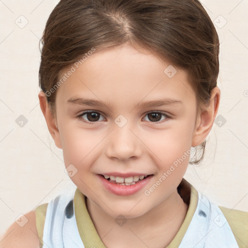 Joyful white child female with short  brown hair and brown eyes