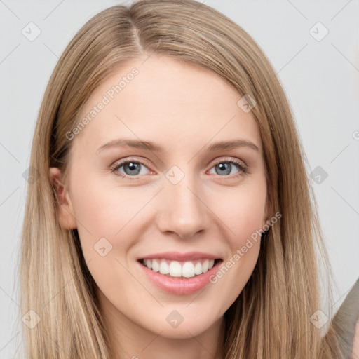 Joyful white young-adult female with long  brown hair and grey eyes