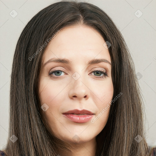 Joyful white young-adult female with long  brown hair and green eyes