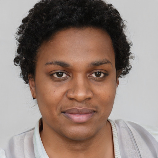 Joyful black young-adult female with short  brown hair and brown eyes