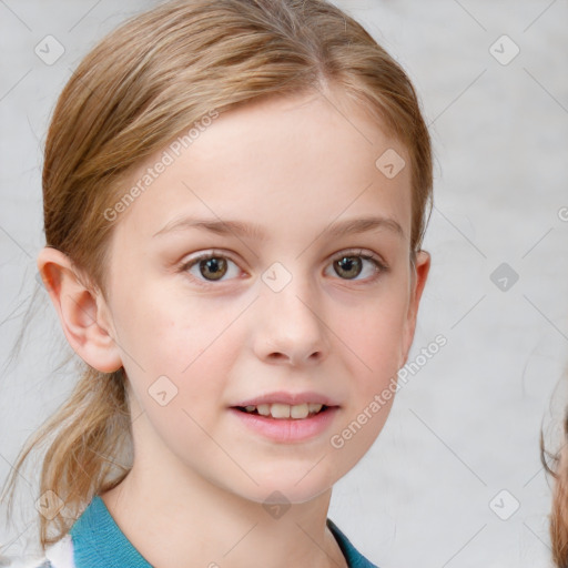 Joyful white child female with medium  brown hair and blue eyes