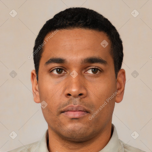 Neutral latino young-adult male with short  black hair and brown eyes