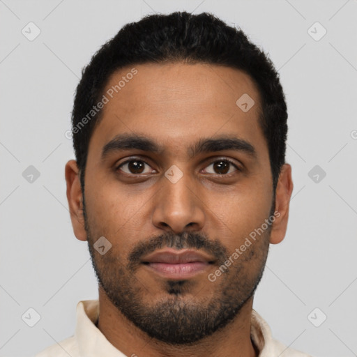 Neutral latino young-adult male with short  black hair and brown eyes