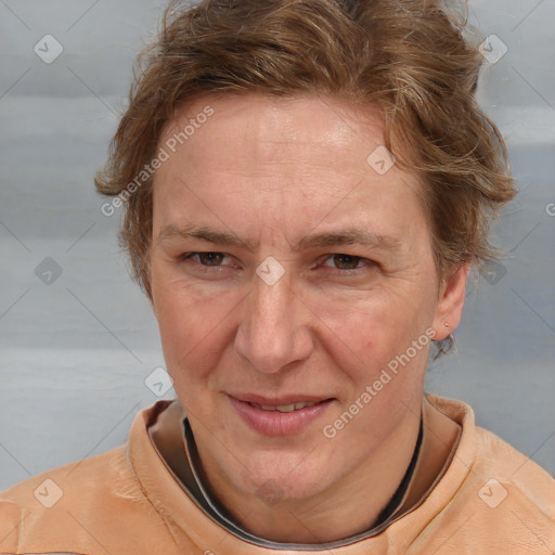 Joyful white adult female with medium  brown hair and brown eyes