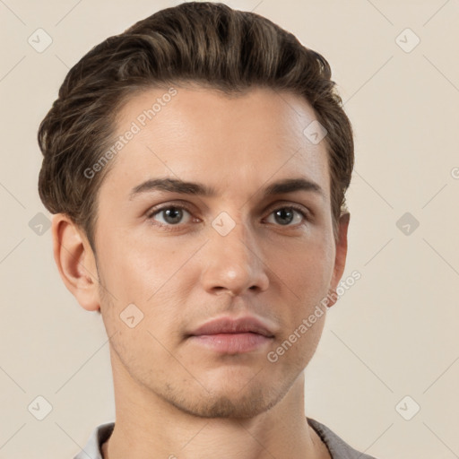 Neutral white young-adult male with short  brown hair and brown eyes