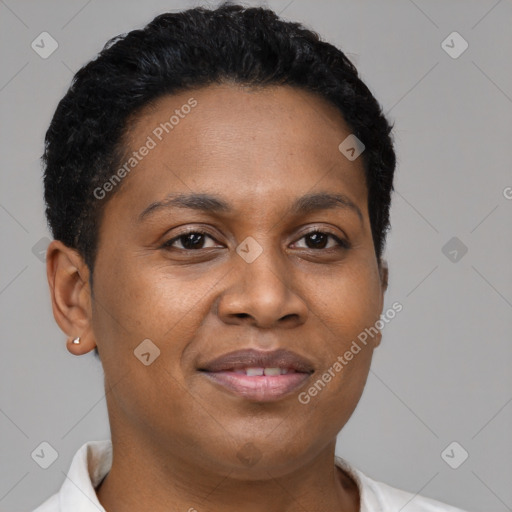 Joyful black young-adult female with short  brown hair and brown eyes