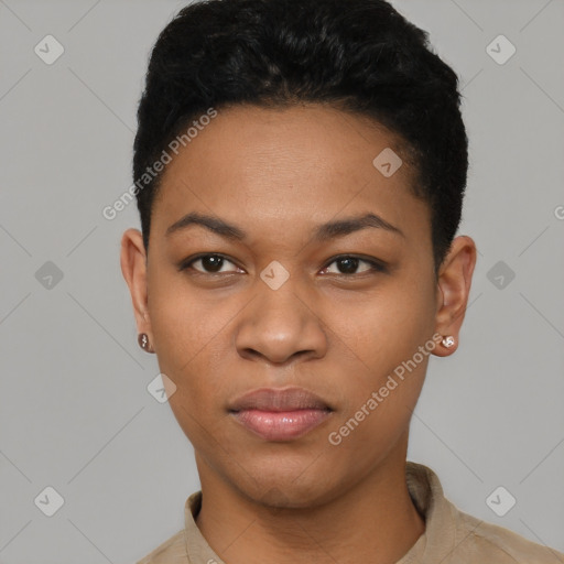 Joyful latino young-adult female with short  black hair and brown eyes