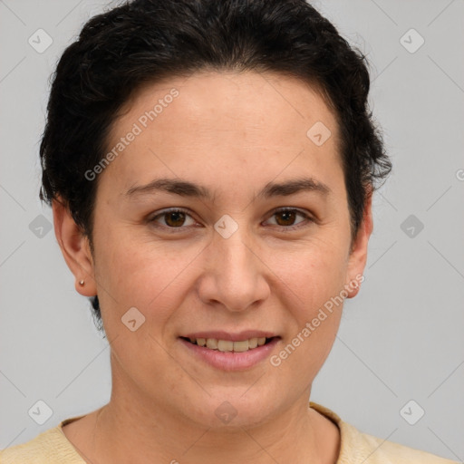 Joyful white adult female with short  brown hair and brown eyes