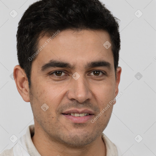 Joyful white young-adult male with short  brown hair and brown eyes