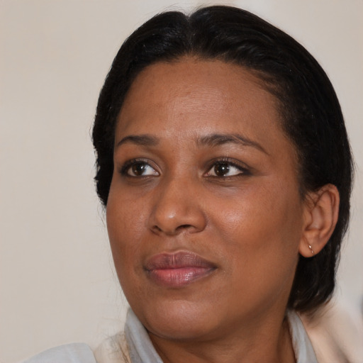 Joyful black adult female with medium  black hair and brown eyes