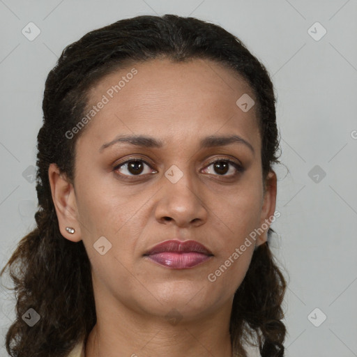 Joyful white young-adult female with medium  brown hair and brown eyes