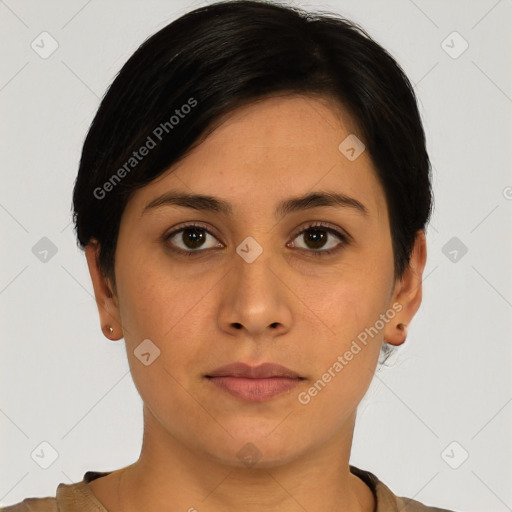 Neutral asian young-adult female with short  black hair and brown eyes