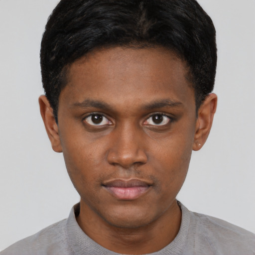 Neutral black young-adult male with short  black hair and brown eyes