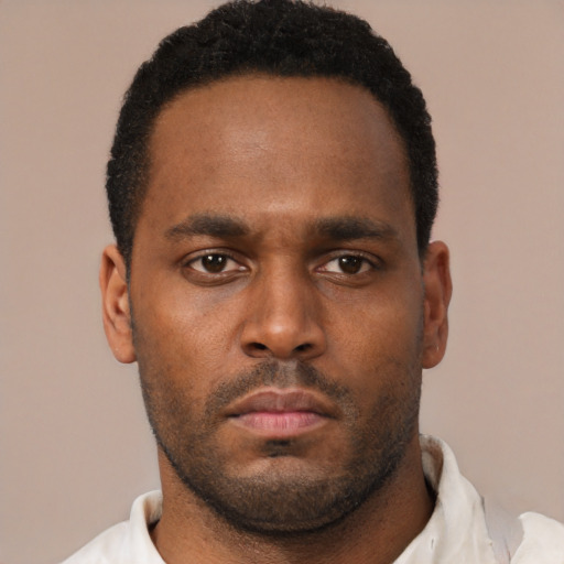 Neutral black young-adult male with short  black hair and brown eyes