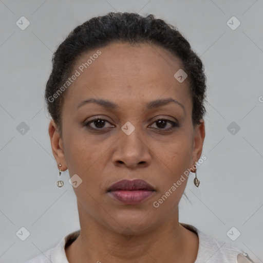 Neutral black adult female with short  brown hair and brown eyes