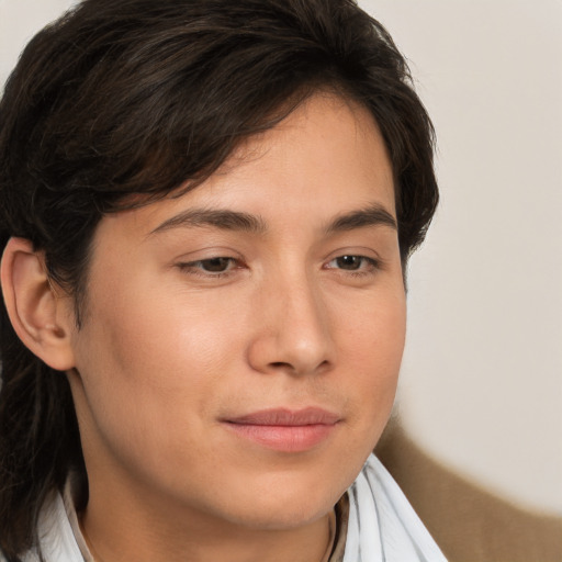 Joyful white young-adult male with medium  brown hair and brown eyes