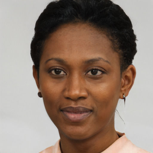 Neutral black young-adult female with short  black hair and brown eyes