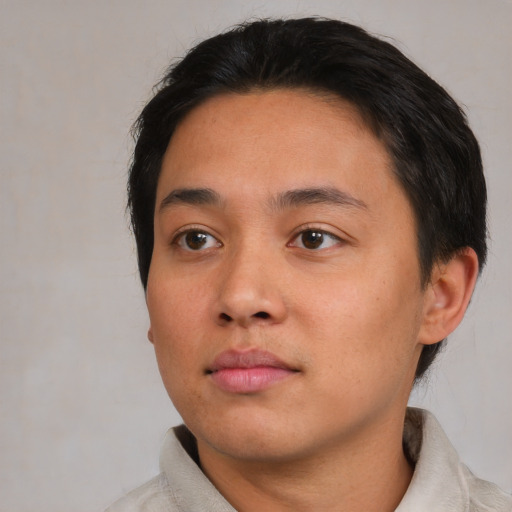 Neutral asian young-adult male with short  black hair and brown eyes