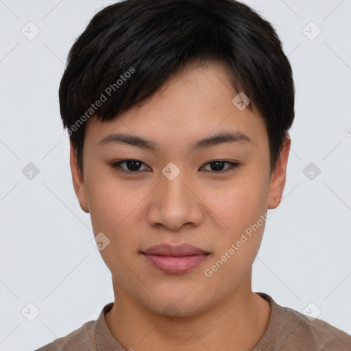 Joyful asian young-adult female with short  brown hair and brown eyes