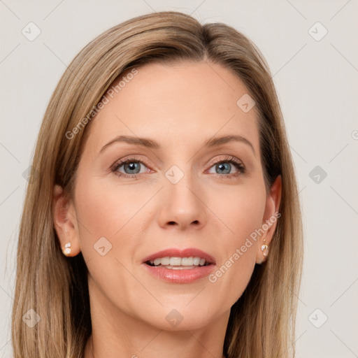 Joyful white young-adult female with long  brown hair and grey eyes