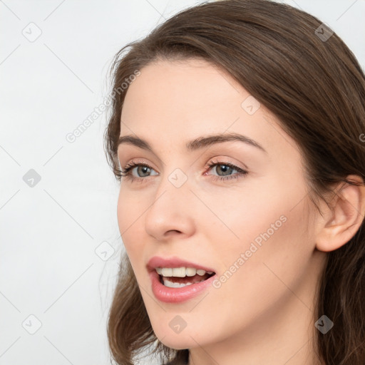 Neutral white young-adult female with medium  brown hair and brown eyes