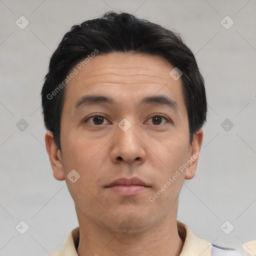 Neutral asian young-adult male with short  black hair and brown eyes