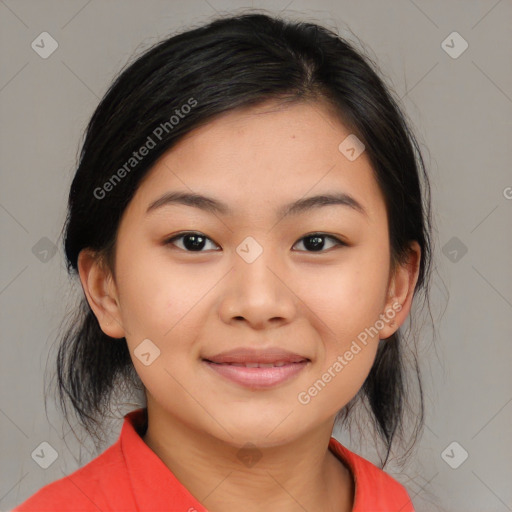 Joyful asian young-adult female with medium  black hair and brown eyes