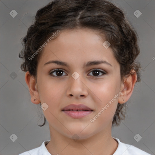 Joyful white child female with short  brown hair and brown eyes