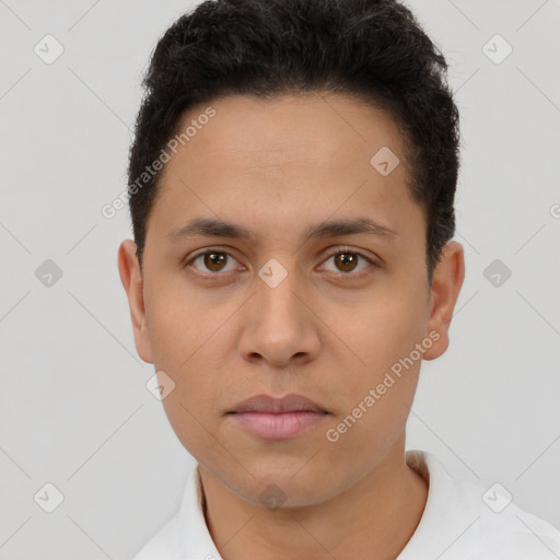 Neutral latino young-adult male with short  brown hair and brown eyes