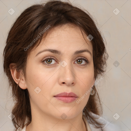 Neutral white young-adult female with medium  brown hair and brown eyes