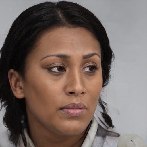 Neutral black young-adult female with medium  brown hair and brown eyes
