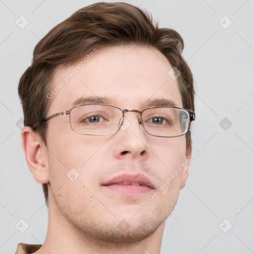 Neutral white young-adult male with short  brown hair and grey eyes