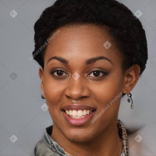 Joyful latino young-adult female with short  brown hair and brown eyes