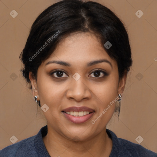 Joyful black young-adult female with medium  black hair and brown eyes