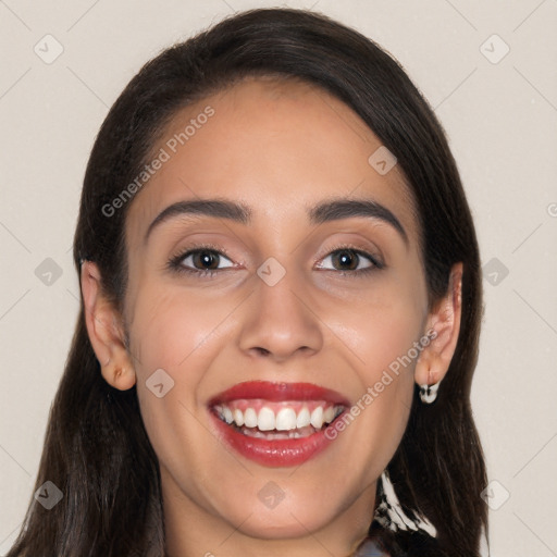 Joyful white young-adult female with long  brown hair and brown eyes