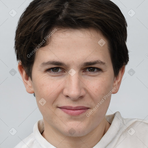 Joyful white young-adult female with short  brown hair and brown eyes