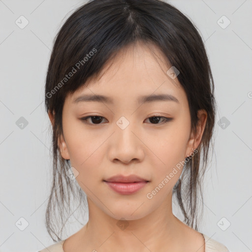 Neutral asian young-adult female with medium  brown hair and brown eyes