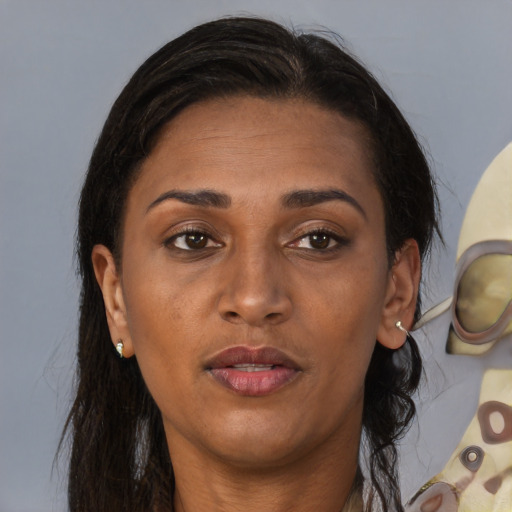 Neutral black adult female with medium  brown hair and brown eyes