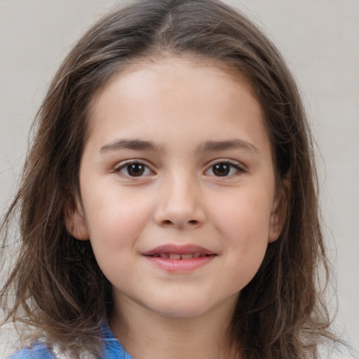 Joyful white child female with medium  brown hair and brown eyes