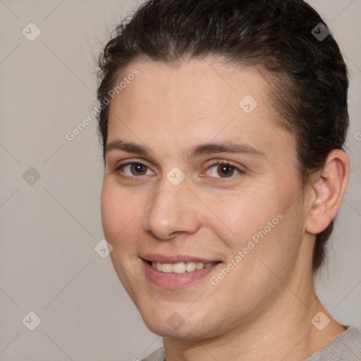 Joyful white young-adult male with medium  brown hair and brown eyes