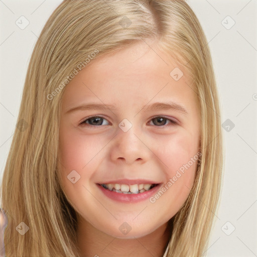 Joyful white child female with long  brown hair and brown eyes